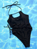 Black Cutout Halter One Piece Swimswear