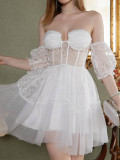 White V-neck Off Shoulder Lace Princess Bridesmaid Dress