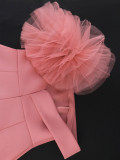 Pink One Shoulder Mesh Flower Midi Dresses