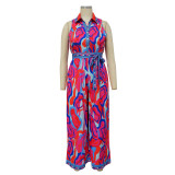 Print Sleeveless Turn Down Collar Wide Leg Casual Jumpsuit