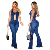 Sexy Slim Fit Sleeveless Cut Out Denim Flare Jumpsuit