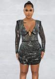 Solid Mesh Rhinestone Long Sleeve V-Bar Plunge Neck Club Dress