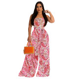 Fashion Floral Print Strapless Shirred Wide Leg Jumpsuit