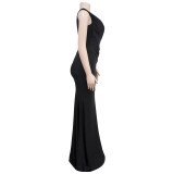 Women Solid V-Neck Sleeveless Pleated Maxi Dress