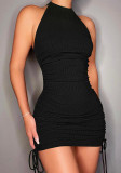 Ribbed Sleeveless Halter Low Back Ruched Sexy Dress