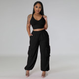 Casual Two-Piece Set Sexy Crop Tank Top and Pocket Wide Leg Pants