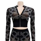 Fashion Mesh Rhinestone Long Sleeve Zipper Top and Pants 2PCS Set