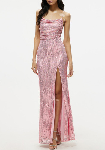 Pink Sequin Sleeveless Slip Lace-Up Back Slit Maxi Dress