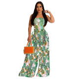 Fashion Floral Print Strapless Shirred Wide Leg Jumpsuit