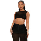 Sexy 2PCS Set Mesh Patchwork Cropped Tank Top Bodycon Mermaid Long Skirt