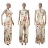 Women 2-Piece Set Printed Sleeveless Bodysuit Wide-leg Pants