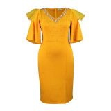 Yellow V-Neck Beaded Ruffles Slit Midi Dress