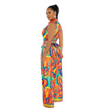 Colorful Sleeveless Positioning Print Wide Leg Jumpsuit