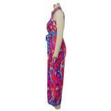 Print Sleeveless Turn Down Collar Wide Leg Casual Jumpsuit