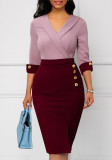 Fashion Two-Tone Button Trim Office Dress