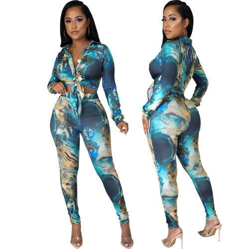 Women Printed Two-Piece Set Long Sleeve Shirt Top and Pants