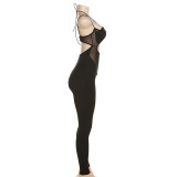 Black Cut Out See Through Halter High Waist Tight Fit Jumpsuit