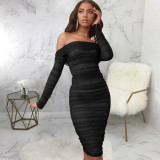 Sexy Solid Off Shoulder Ruched Midi Dress