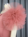 Pink One Shoulder Mesh Flower Midi Dresses