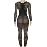 Black Long Sleeve Sexy Hollow Out Bodycon Jumpsuit