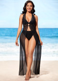 Sexy Black Halter Sleeveless Slit Mesh Beach Dress