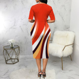 Fashion Printing Short Sleeve V-Neck Office Lady Midi Dress(without Belt)