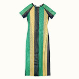Short-sleeve Striped Sexy Hollow Out High Slit Dress
