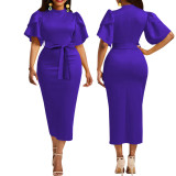 Fashion Crew Neck Tie Waist Midi Dress For Women