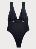 Sexy Solid Ribbed Plunge One Piece Swimsuit