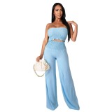 Solid Casual Shirred Bandeau Top and Pants 2-Piece Set