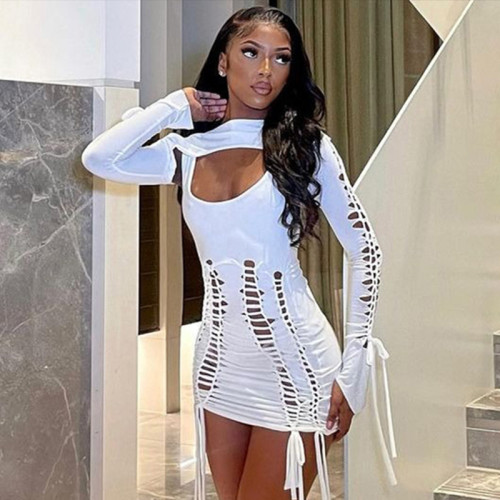 Fashion Sexy Hollow Out Dress with Shrug Top Two Pieces