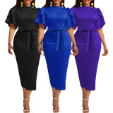 Fashion Crew Neck Tie Waist Midi Dress For Women