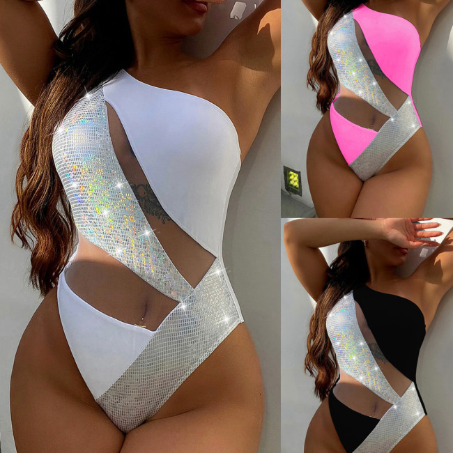 One Shoulder Mesh Patchwork One Piece Swimsuit