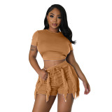 Casual Two Piece Set Short Sleeve Crop Top Drawstring Tassel Shorts