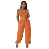 Casual Two-Piece Set Sexy Crop Tank Top and Pocket Wide Leg Pants