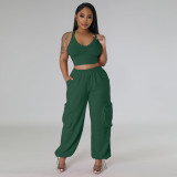 Casual Two-Piece Set Sexy Crop Tank Top and Pocket Wide Leg Pants