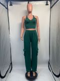 Casual Two-Piece Set Sexy Crop Tank Top and Pocket Wide Leg Pants