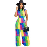 Women 2-Piece Set Printed Sleeveless Bodysuit Wide-leg Pants