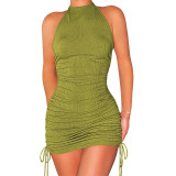 Ribbed Sleeveless Halter Low Back Ruched Sexy Dress
