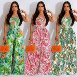 Fashion Floral Print Strapless Shirred Wide Leg Jumpsuit