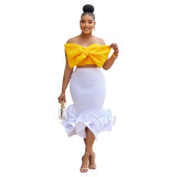 Women 2 Piece Set Bow Strapless Top and Bodycon Ruffles Skirt
