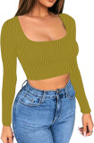 Long Sleeve Square Neck Wavy Stretch Sexy Crop Top