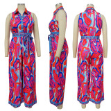 Print Sleeveless Turn Down Collar Wide Leg Casual Jumpsuit