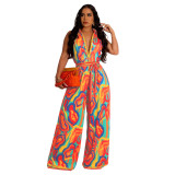 Print Sleeveless Turn Down Collar Wide Leg Casual Jumpsuit