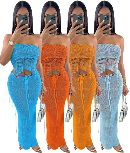 Women Sexy Strapless Backless Crop Top and Long Skirt 2PCS Set