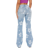 Stylish Floral Print Stretch Flare Jeans for Women
