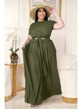 Army Green Short Sleeve Crop Top Long Skirt Plus Size Fashion 2PCS Set