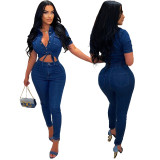 Sexy Fitted Stylish Cutout Short Sleeve Denim Jumpsuit