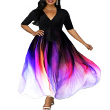 Print Half-Sleeve Belted Plus Size Patchwork Maxi Dress