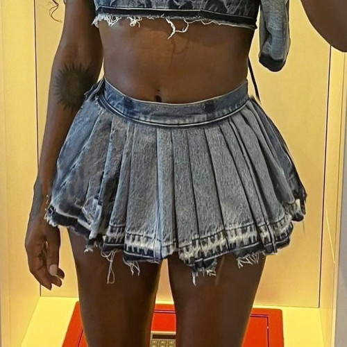 High Waist Pleated Denim Mini Skirt